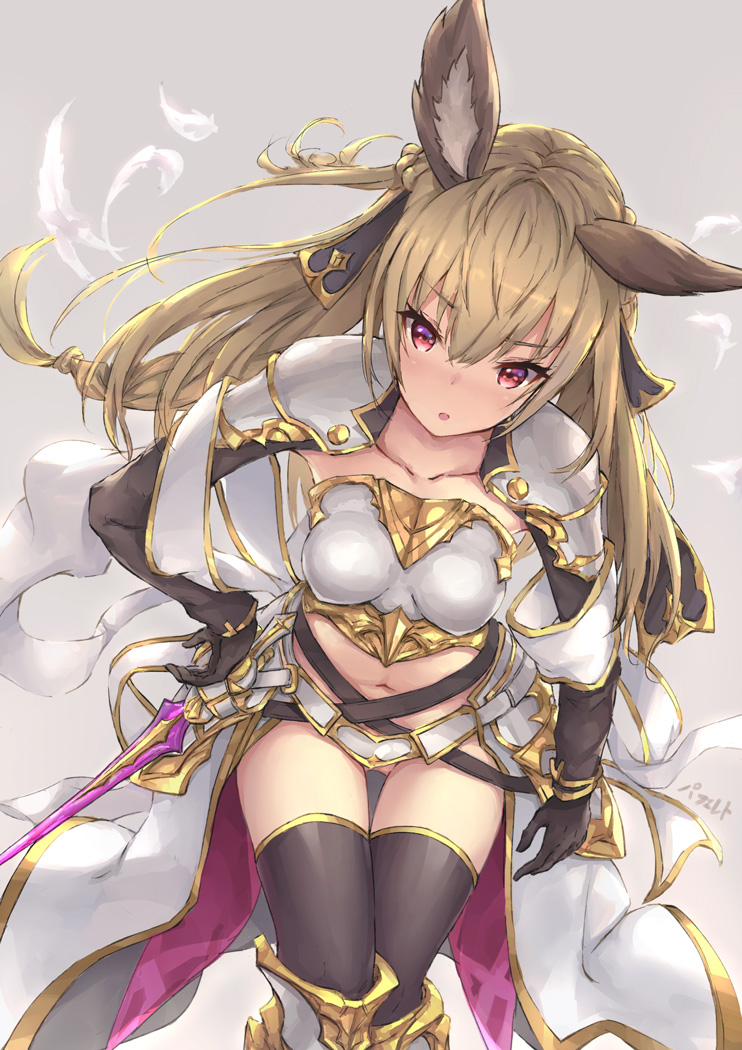 1girl animal_ears arm_at_side armor armored_dress bending_forward black_gloves black_legwear blonde_hair breastplate breasts erun_(granblue_fantasy) faulds gloves granblue_fantasy greaves long_hair looking_at_viewer medium_breasts midriff navel open_mouth parfaitlate pauldrons solo thigh-highs thigh_gap thighs very_long_hair violet_eyes yuisis_(granblue_fantasy)