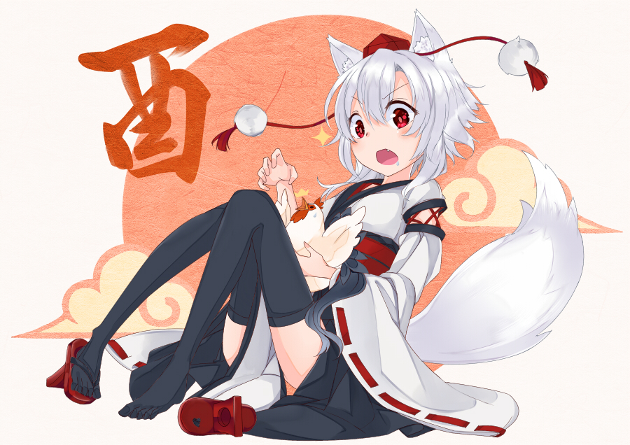 1girl animal_ears bare_shoulders bird canon4869 chicken detached_sleeves drooling geta hat inubashiri_momiji japanese_clothes kourindou_tengu_costume looking_at_viewer obi open_mouth pom_pom_(clothes) red_eyes rooster saliva sash short_hair silver_hair single_shoe solo tail tokin_hat touhou wolf_ears wolf_tail