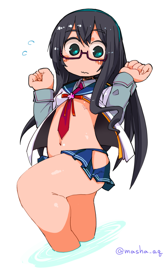 1girl belly black_hair blue_eyes blush breasts commentary_request glasses hairband hip_vent kantai_collection long_hair looking_at_viewer masha navel ooyodo_(kantai_collection) open_clothes partially_submerged school_uniform semi-rimless_glasses serafuku solo under-rim_glasses wavy_mouth