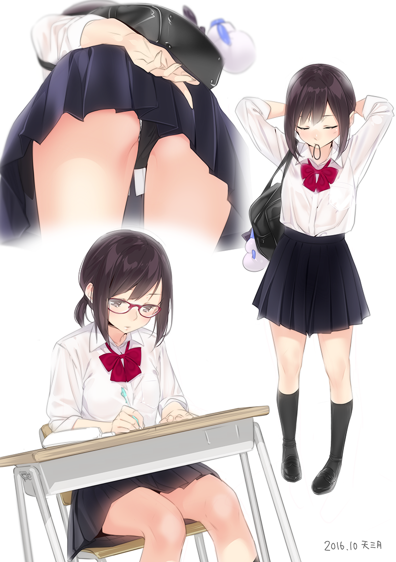 1girl 2016 adjusting_hair alternate_costume ama_mitsuki arms_behind_head arms_up ass bag bangs bespectacled black_footwear black_legwear black_panties black_skirt blouse brown_eyes brown_hair closed_eyes commentary contemporary dated desk dress_shirt from_below fubuki_(kantai_collection) full_body glasses kantai_collection lips loafers looking_down mouth_hold multiple_views panties pantyshot pantyshot_(standing) pleated_skirt ponytail school_bag school_desk school_uniform shirt shoes short_ponytail sidelocks sitting skirt socks standing swept_bangs thighs tying_hair underwear white_blouse writing