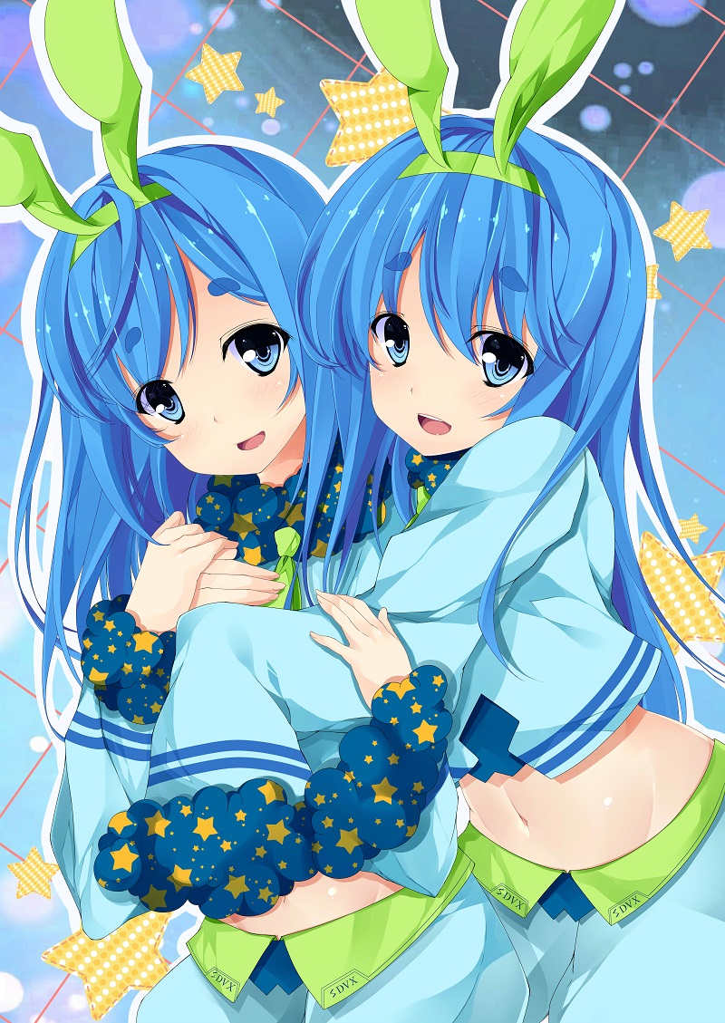 2girls animal_ears bangs blue_eyes blue_hair clothes_writing eyebrows_visible_through_hair fake_animal_ears hairband hug hug_from_behind long_hair looking_at_viewer midriff multiple_girls navel near_(sound_voltex) noah_(sound_voltex) open_mouth rabbit_ears short_eyebrows siblings sisters sleeves_past_wrists smile sound_voltex star star_print tries twins