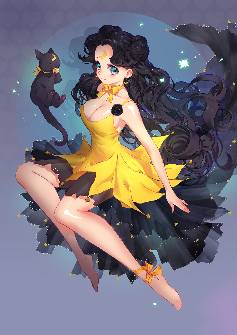 1girl :3 animal ankle_ribbon bangs bare_arms bare_shoulders barefoot bishoujo_senshi_sailor_moon black_hair blue_eyes bow breasts cat choker cleavage closed_mouth corsage crescent crescent_earrings double_bun dress dual_persona earrings eating facial_mark floating_hair forehead_mark full_body heart heart_background invisible_chair jewelry light_particles long_hair looking_at_viewer luna_(sailor_moon) luna_(sailor_moon)_(human) medium_breasts paw_print ribbon see-through sitting sleeveless sleeveless_dress smile star truelion very_long_hair wavy_hair yellow_bow yellow_dress