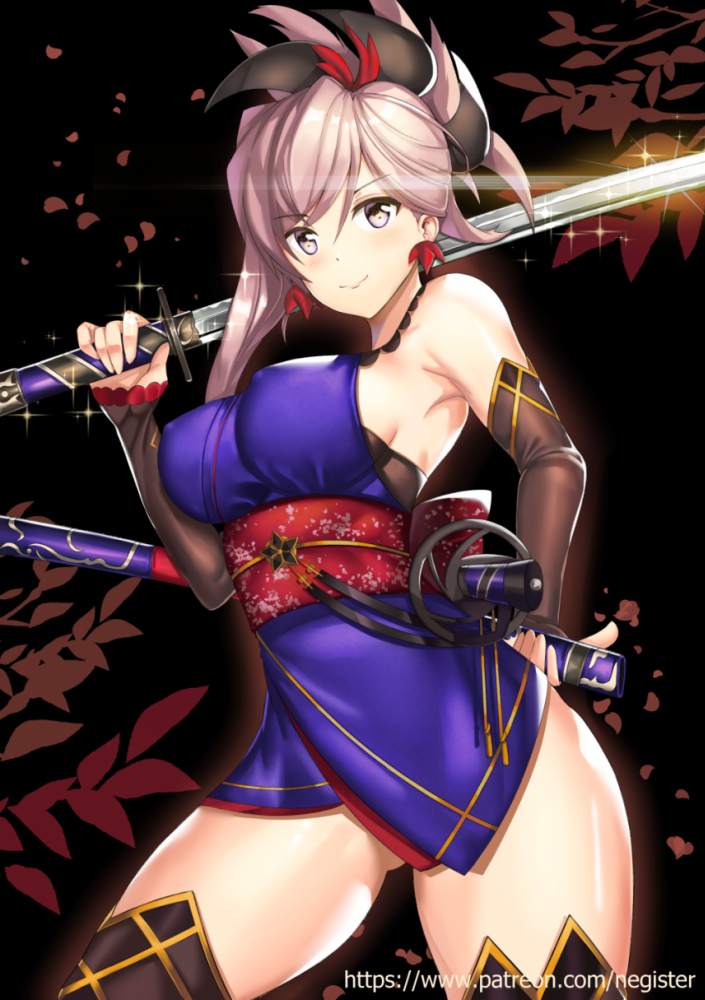 1girl breasts detached_sleeves dual_wielding fate/grand_order fate_(series) grey_eyes japanese_clothes katana large_breasts looking_at_viewer miyamoto_musashi_(fate/grand_order) negister obi sash short_hair sideboob silver_hair smile solo sword thigh-highs watermark weapon web_address