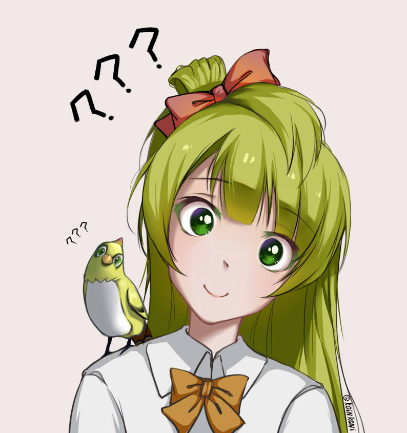 1girl ?? alternate_eye_color alternate_hair_color animal animal_on_shoulder asymmetrical_hair bangs bird bird_on_shoulder blonde_hair bow bowtie closed_mouth collared_shirt commentary commentary_request crossover eyebrows_visible_through_hair ganymede_(overwatch) green_eyes hair_bow hair_rings head_tilt long_hair long_sleeves looking_at_viewer love_live! love_live!_school_idol_project minami_kotori orange_bow orange_bowtie overwatch qingchen_(694757286) red_bow school_uniform shirt simple_background smile solo twitter_username upper_body white_shirt wing_collar