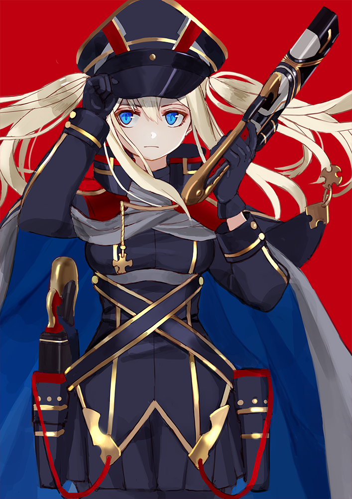 1girl :| alternate_costume arm_up blonde_hair blue_cape blue_eyes cape closed_mouth graf_zeppelin_(kantai_collection) grey_cape gun hair_between_eyes hand_on_headwear handgun hat holding holding_gun holding_weapon jacket kantai_collection long_sleeves looking_to_the_side military military_uniform multicolored multicolored_cape multicolored_clothes pistol red_background ruisento sidelocks solo tsurime twintails uniform weapon