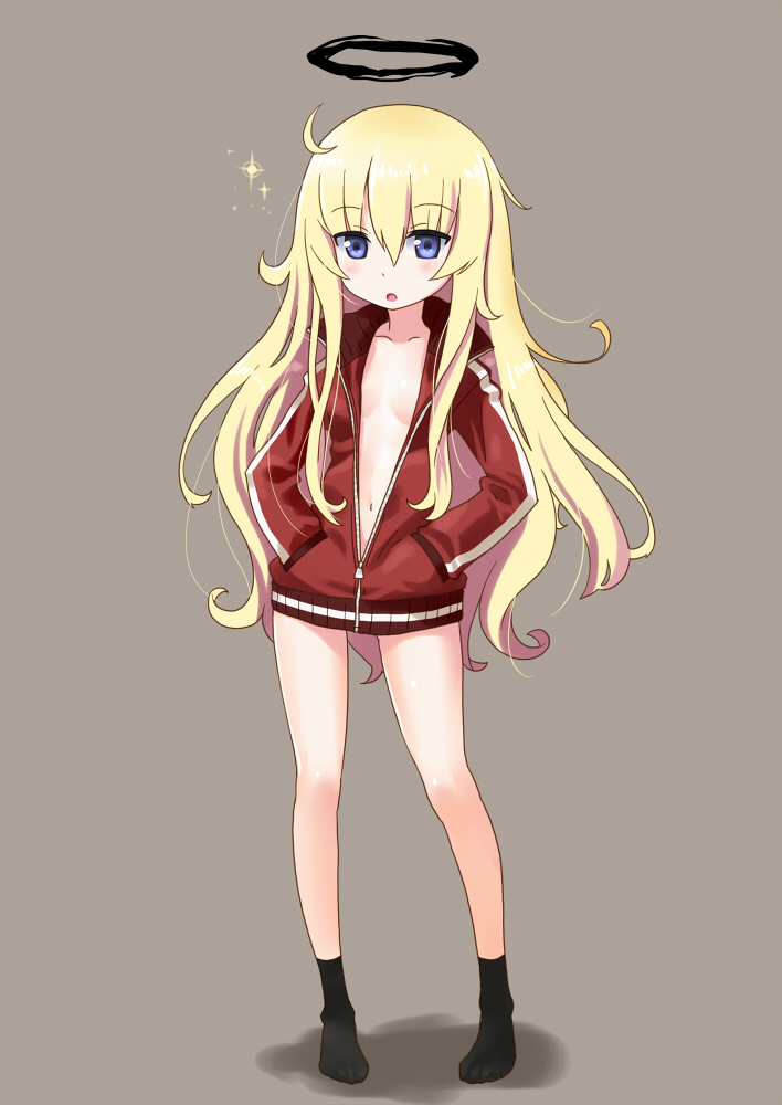 1girl :o black_legwear blonde_hair blue_eyes blush breasts dark_halo full_body gabriel_dropout halo hands_in_pockets jacket katahira_masashi long_hair long_sleeves looking_at_viewer naked_track_jacket navel no_shoes open_mouth simple_background small_breasts solo sparkle standing tenma_gabriel_white track_jacket very_long_hair