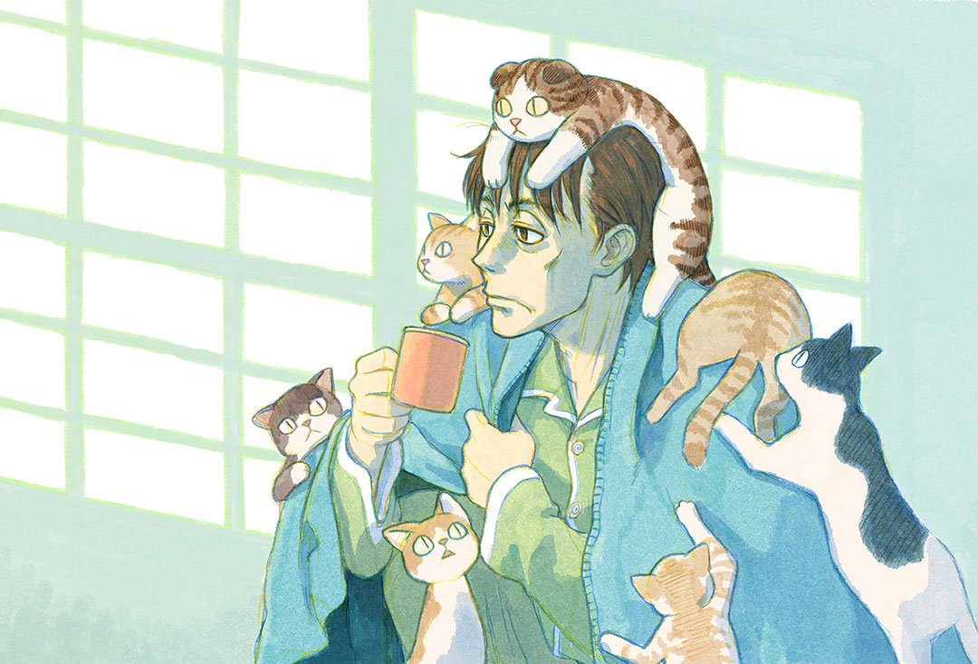 1boy :&lt; animal animal_on_head animal_on_shoulder artist_request blanket brown_eyes brown_hair cat cat_on_head cat_on_shoulder closed_mouth collarbone cup end_card from_side holding holding_cup long_sleeves looking_to_the_side looking_up mug on_head pajamas sangatsu_no_lion shimada_kai short_hair sitting too_many too_many_cats triangle_mouth yellow_sclera |_|
