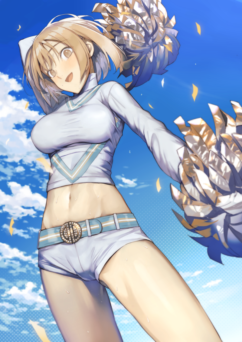 1girl arm_up bangs belt blue_sky blush breasts brown_eyes brown_hair cheerleader clouds crop_top day dekappara_futoriusu large_breasts long_sleeves looking_at_viewer midriff navel open_mouth original outdoors pom_poms shirt short_hair short_shorts shorts skin_tight sky smile solo sweat taut_clothes taut_shirt