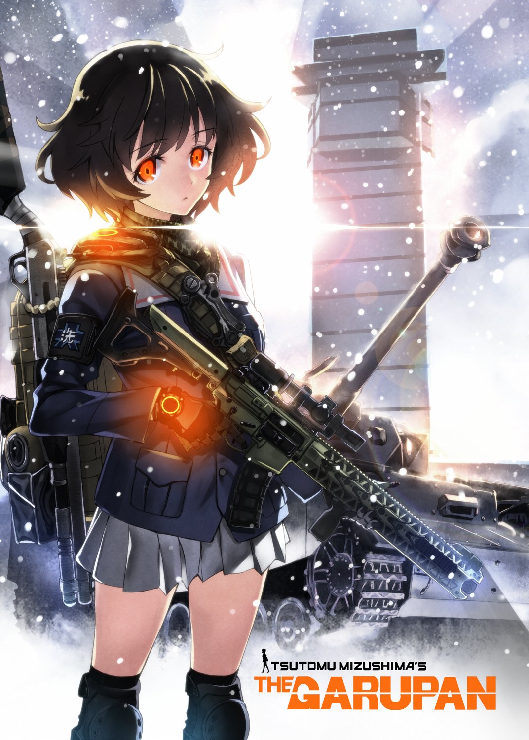 1girl akiyama_yukari ar-15 armband assault_rifle backpack bag bandanna bangs black_gloves blue_jacket brown_eyes brown_hair closed_mouth commentary_request cowboy_shot emblem english girls_und_panzer gloves ground_vehicle gun highres holding holding_weapon jacket knee_pads long_sleeves looking_at_viewer lvoa-c matsuryuu messy_hair military military_uniform military_vehicle miniskirt motor_vehicle ooarai_(emblem) ooarai_(ibaraki) orange_eyes panzerkampfwagen_iv parody pleated_skirt rifle scarf scope shemagh short_hair shotgun skirt snow snowing solo standing tank title_parody tom_clancy's_the_division tower trigger_discipline uniform weapon weapon_request white_skirt