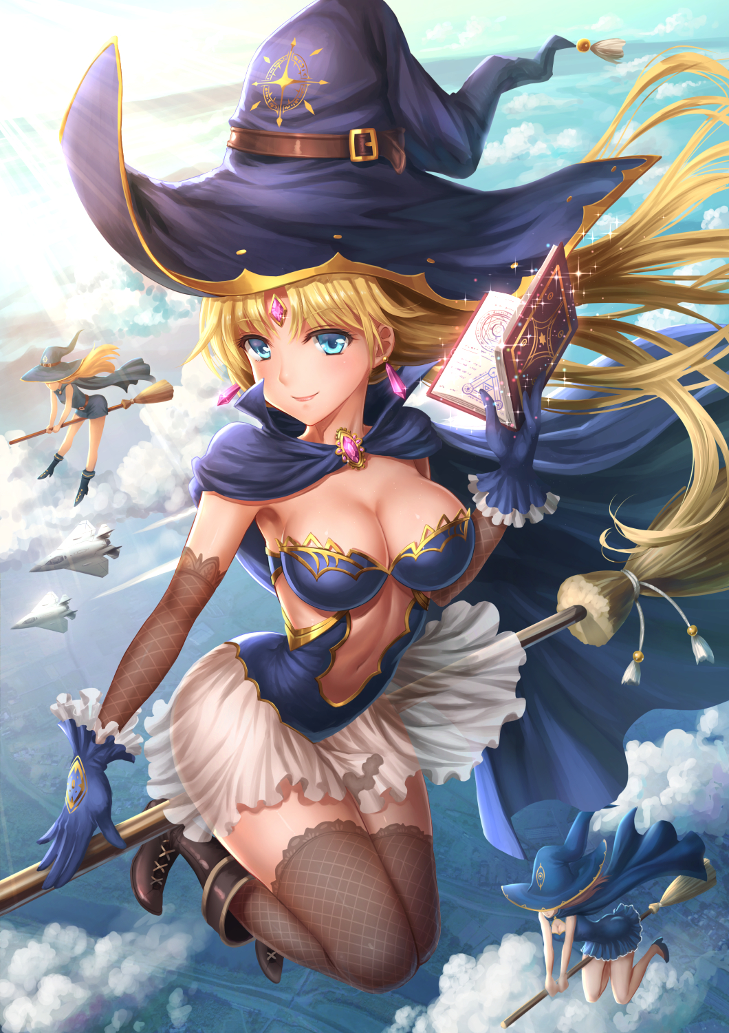 3girls above_clouds aircraft airplane bent_knees black_boots black_legwear blonde_hair blue_eyes blue_gloves blush book boots breasts broom broom_riding cape cleavage day earrings elbow_gloves fighter_jet floating_hair forehead_jewel foreshortening full_body gloves hat highres holding holding_book jet jewelry large_breasts long_hair military military_vehicle multiple_girls navel open_book original see-through smile sparkle stomach sunlight thigh-highs witch_hat youbou