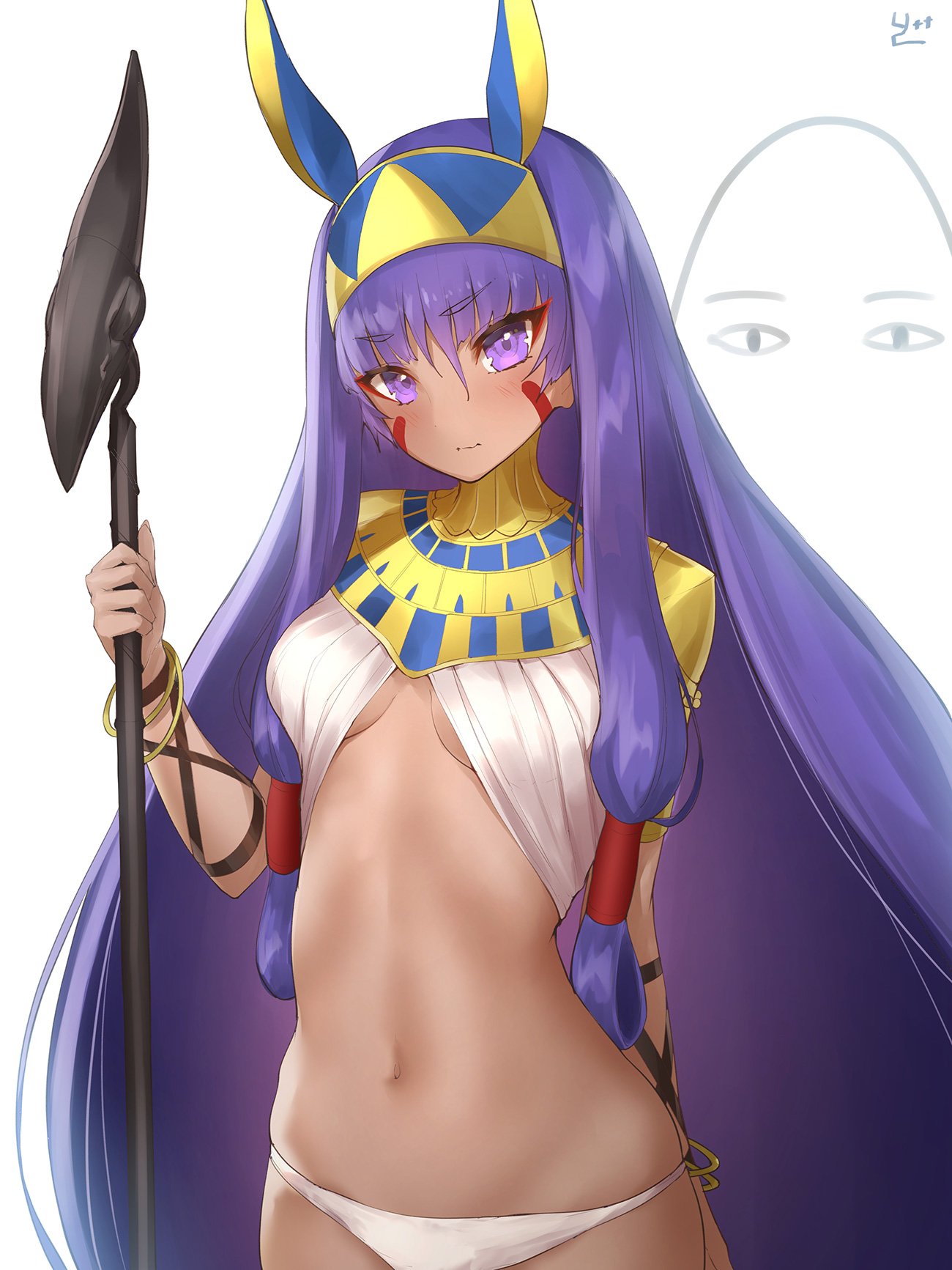 1girl bangs blush bracelet breasts closed_mouth dark_skin eyebrows_visible_through_hair facepaint fate/grand_order fate_(series) hair_between_eyes hairband highres holding holding_staff jewelry long_hair looking_at_viewer medium_breasts medjed midriff navel nitocris_(fate/grand_order) polearm purple_hair simple_background solo staff upper_body very_long_hair violet_eyes weapon white_background yaman_(yamanta_lov)