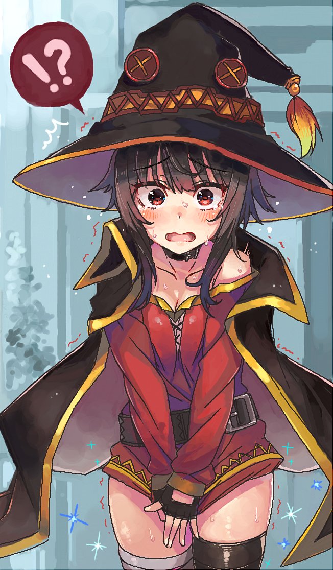 !? 1girl bandaged_leg belt blush breasts brown_hair cape choker cleavage collar collarbone covering covering_crotch cowboy_shot dress embarrassed fingerless_gloves flat_chest gloves hat kono_subarashii_sekai_ni_shukufuku_wo! looking_at_viewer megumin moze no_panties open_mouth red_eyes single_thighhigh solo sweat sweating tears thigh-highs trembling witch_hat