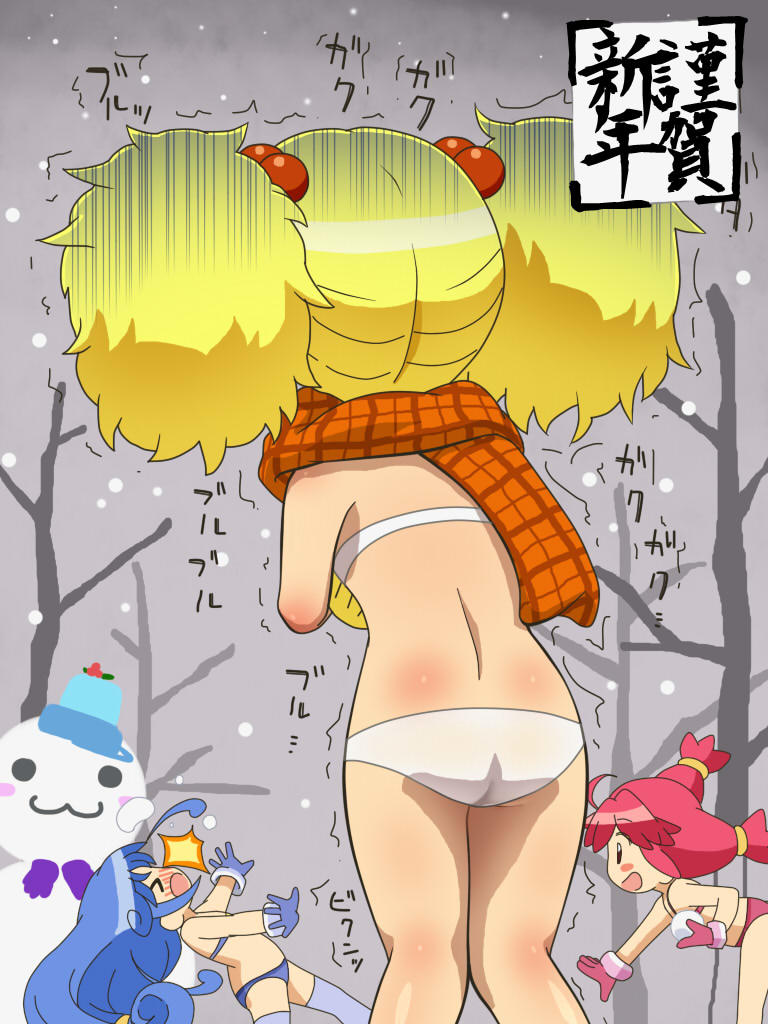 &gt;_&lt; 3girls :3 ahoge altessa ass awa bikini blonde_hair blue_bikini blue_gloves blue_legwear blush blush_stickers closed_eyes cold crossed_arms fine fushigiboshi_no_futago_hime gloves hair_bobbles hair_ornament long_hair multiple_girls no_nose open_mouth pink_gloves profile rein scarf snowball snowman swimsuit thigh-highs translation_request tree trembling twintails