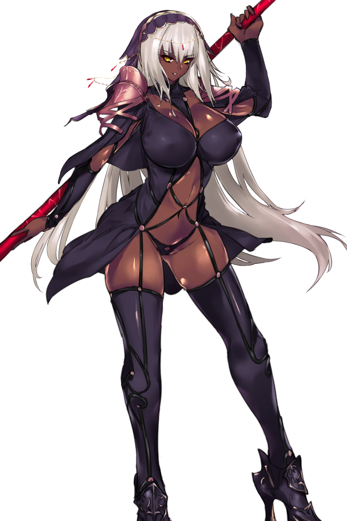 &gt;:) 1girl bangs bodysuit breasts covered_navel dark_skin erect_nipples fate/grand_order fate_(series) gae_bolg high_heels holding holding_weapon large_breasts long_hair looking_at_viewer negresco parted_lips pauldrons polearm scathach_(fate/grand_order) silver_hair solo spear standing veil very_long_hair weapon yellow_eyes