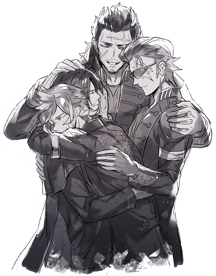 4boys armband beard black_hair closed_eyes ebira facial_hair final_fantasy final_fantasy_xv freckles gladiolus_amicitia greyscale group_hug hair_slicked_back hug ignis_scientia jacket male_focus monochrome mullet multiple_boys noctis_lucis_caelum older prompto_argentum scar scar_across_eye simple_background spoilers sunglasses upper_body white_background