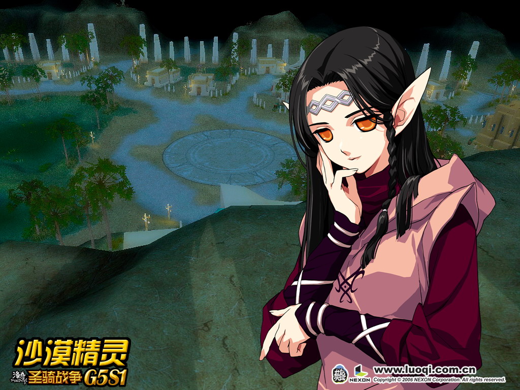 1girl 2006 atrata_(mabinogi) black_hair braid chinese circle headband looking_at_viewer mabinogi nail_polish orange_eyes pointy_ears village wallpaper watermark web_address