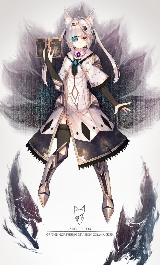 1girl animal_ears black_legwear book bridal_gauntlets capelet closed_mouth dress expressionless eyepatch fox_ears fox_girl fox_tail full_body garter_straps greaves hairband holding holding_book looking_at_viewer mask mask_on_head multiple_tails munuu open_book original red_eyes short_hair silver_hair solo tail thigh-highs two_side_up white_dress