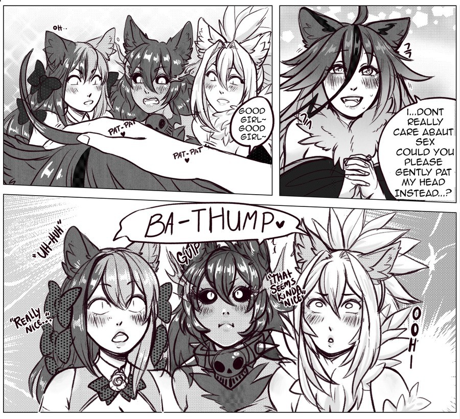 4girls animal_ears artist_request bare_shoulders bell black_hair black_sclera blush bow breasts burning_eyes cat_ears cheshire_cat_(monster_girl_encyclopedia) collar comic disembodied_limb dog_ears english fur grey_skin greyscale hair_bow hellhound large_breasts long_hair manticore_(monster_girl_encyclopedia) monochrome monster_girl monster_girl_encyclopedia multicolored_hair multiple_girls open_mouth petting raijuu_(monster_girl_encyclopedia) smile spiked_collar spikes tail two-tone_hair typo