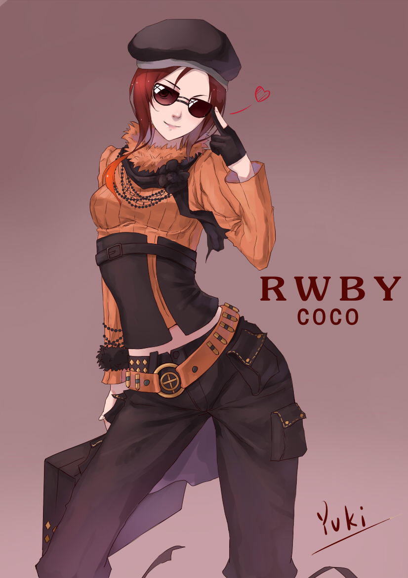 1girl beret brown_eyes brown_hair coco_adel gloves gradient gradient_background hat rwby scarf short_hair solo sunglasses sweater zyl