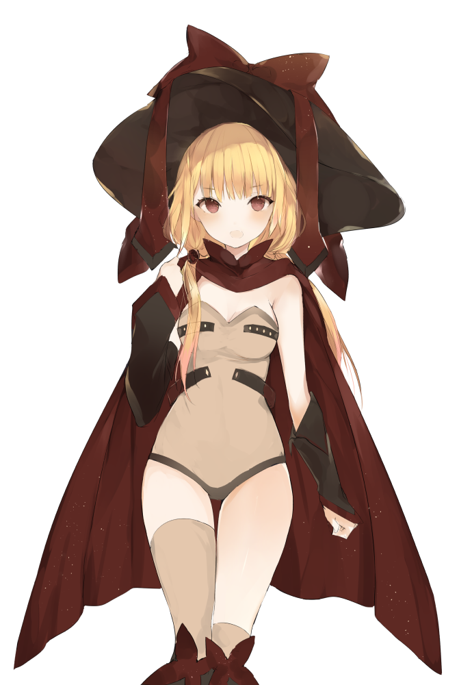 1girl bangs black_hat blonde_hair blush boots breasts brown_eyes brown_legwear brown_ribbon cleavage cloak detached_sleeves eyebrows_visible_through_hair hand_up hat leotard long_hair looking_at_viewer low_twintails lpip medium_breasts mismatched_legwear open_mouth original over-kneehighs ribbon simple_background smile solo thigh-highs twintails white_background witch_hat