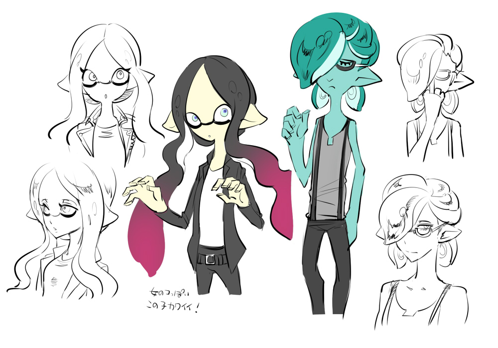 1boy 1girl adjusting_glasses black_hair black_jacket black_pants closed_eyes domino_mask glasses gradient_hair green_hair green_skin ishukandaru jacket long_hair mask multicolored_hair pants short_hair splatoon splatoon_2 suspenders tentacle_hair