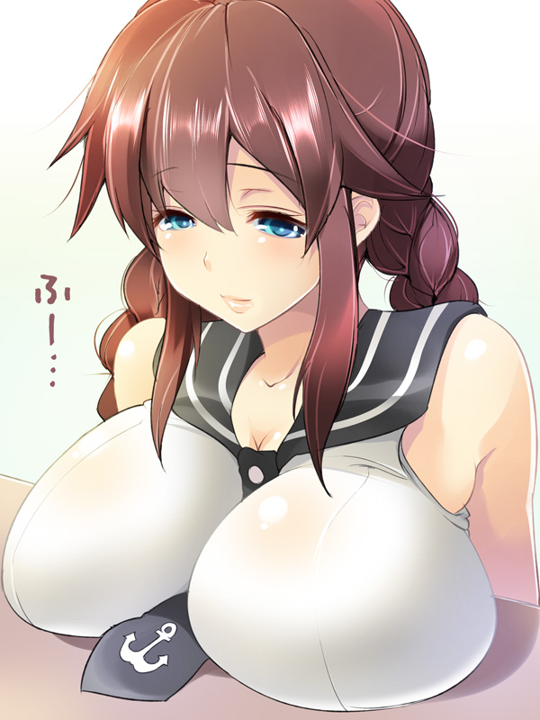 1girl anchor_symbol arms_at_sides bare_shoulders between_breasts braid breast_rest breasts brown_hair hair_between_eyes kantai_collection large_breasts lips long_hair maki_(seventh_heaven_maxion) necktie necktie_between_breasts noshiro_(kantai_collection) sailor_collar school_uniform serafuku shirt sidelocks sitting sleeveless sleeveless_shirt table tareme translation_request twin_braids