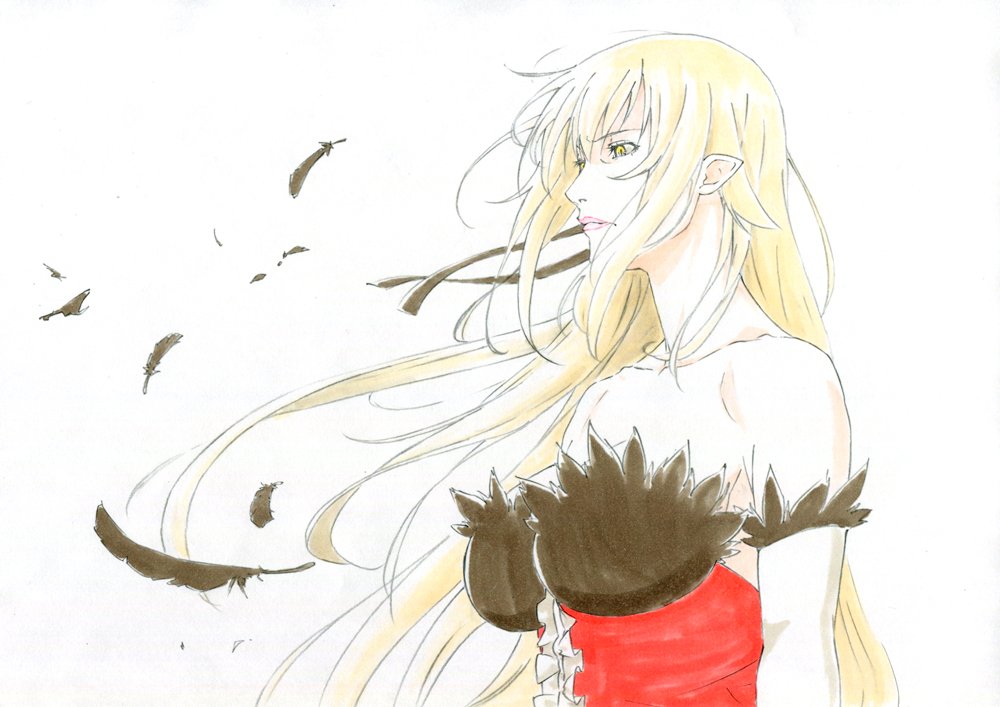 1girl bare_shoulders blonde_hair breasts dress elbow_gloves feathers gloves hair_ribbon iyakun kiss-shot_acerola-orion_heart-under-blade kizumonogatari large_breasts long_hair looking_afar monogatari_(series) pointy_ears red_dress ribbon simple_background solo white_background yellow_eyes