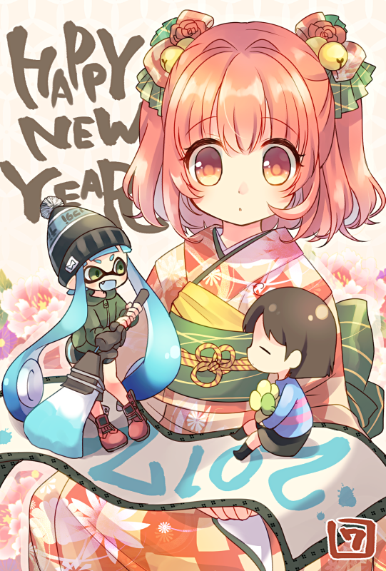 2017 2girls androgynous bell blue_hair brown_hair closed_eyes crossover fang female_inkling flower frisk_(undertale) green_eyes hair_bell hair_flower hair_ornament happy_new_year hat inkling japanese_clothes kimono minigirl motoori_kosuzu multiple_crossover multiple_girls new_year open_mouth paintbrush red_eyes redhead scroll sen1986 shorts sitting smile splatoon tentacle_hair touhou undertale