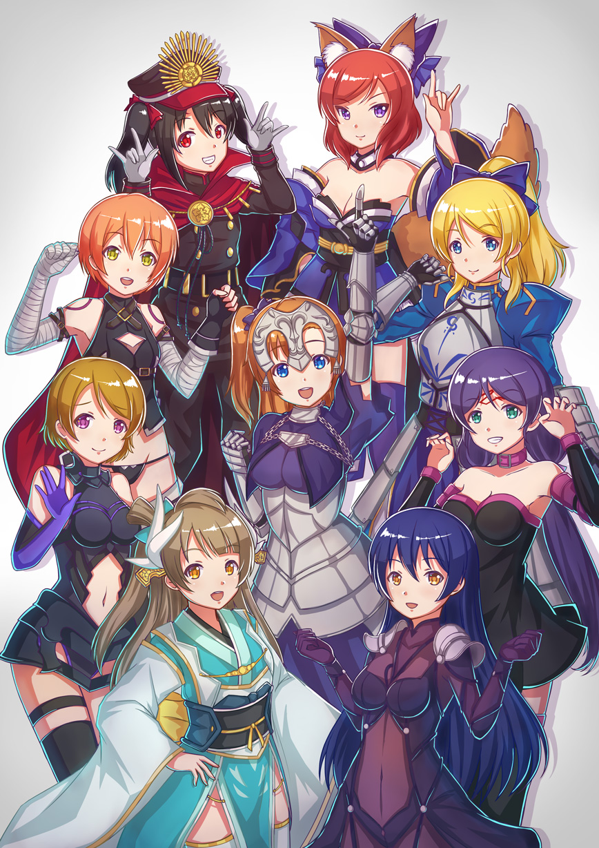 6+girls :d alternate_costume animal_ears armor armored_dress assassin_of_black assassin_of_black_(cosplay) ayase_eli bandage black_panties bodysuit cape chains choker claw_pose cosplay demon_archer demon_archer_(cosplay) detached_sleeves dress elbow_gloves everyone fate/apocrypha fate/extra fate/grand_order fate/stay_night fate_(series) faulds fingerless_gloves fox_ears fox_tail gauntlets gloves group_picture hair_ornament hair_ribbon hand_on_hip hat headpiece highres hoshizora_rin kelinch1 kiyohime_(fate/grand_order) kiyohime_(fate/grand_order)_(cosplay) koha-ace koizumi_hanayo kousaka_honoka looking_at_viewer love_live! love_live!_school_idol_project minami_kotori multiple_girls navel nishikino_maki open_mouth panties pauldrons paw_pose pelvic_curtain pointing pointing_up purple_bodysuit red_cape ribbon rider rider_(cosplay) ruler_(fate/apocrypha) ruler_(fate/apocrypha)_(cosplay) saber saber_(cosplay) sash scathach_(fate/grand_order) scathach_(fate/grand_order)_(cosplay) shielder_(fate/grand_order) shielder_(fate/grand_order)_(cosplay) smile sonoda_umi tail tamamo_(fate)_(all) tamamo_no_mae_(fate) tamamo_no_mae_(fate)_(cosplay) thigh-highs toujou_nozomi underwear white_background yazawa_nico