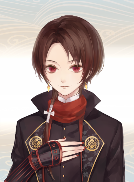 1boy brown_hair earrings hand_on_own_chest jewelry kashuu_kiyomitsu male_focus mole mole_under_mouth nail_polish ponytail red_eyes red_nails scarf smile touken_ranbu upper_body zek_(zecola)