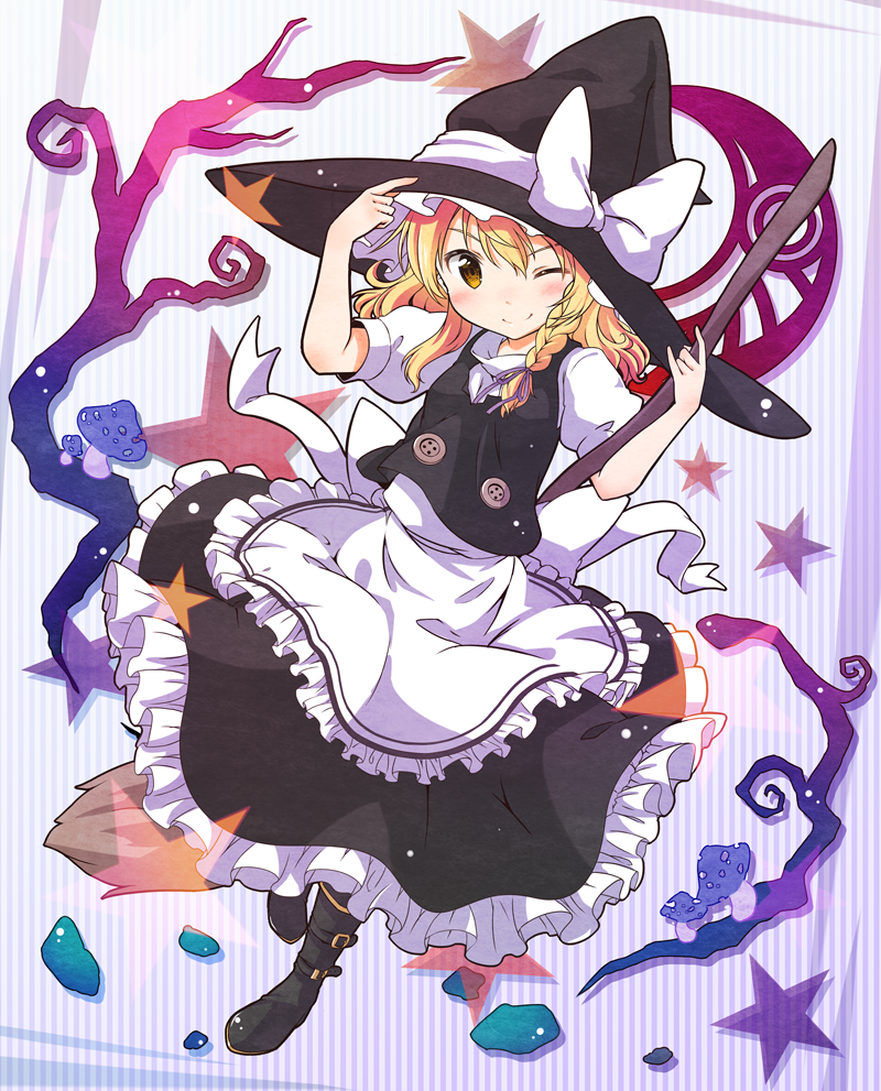 1girl ;) apron belt_boots blonde_hair boots braid broom buckle buttons commentary_request crescent_moon_symbol frilled_apron frilled_skirt frills hair_ribbon hand_on_headwear hat hat_ribbon kirisame_marisa leaning_over long_hair mushroom one_eye_closed puffy_short_sleeves puffy_sleeves ribbon short_sleeves single_braid skirt skirt_set smile solo standing standing_on_one_leg star striped striped_background tobi_(nekomata_homara) touhou tress_ribbon waist_apron witch_hat yellow_eyes