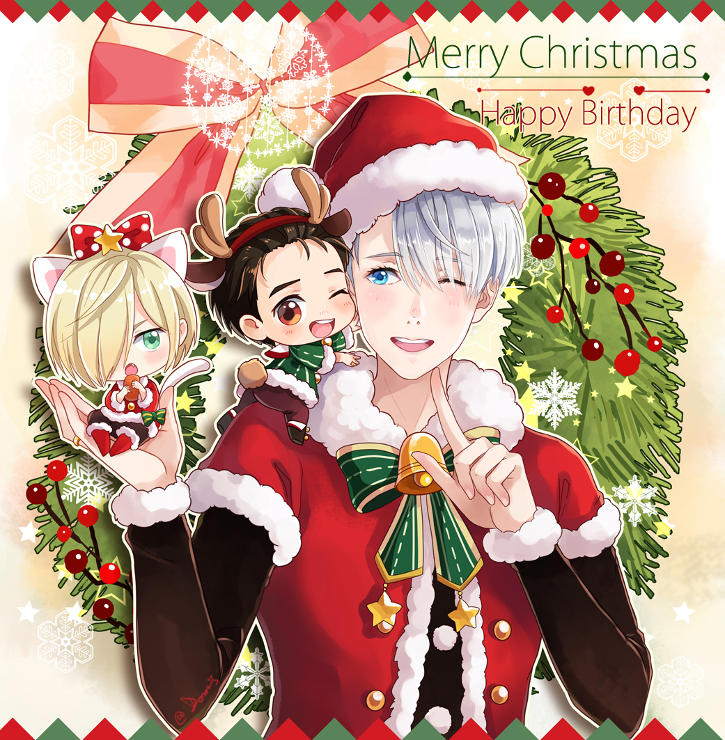 3boys ;d animal_ears antlers bell black_hair blonde_hair blue_eyes bow brown_eyes cat_ears cat_tail chibi christmas dorris fake_antlers fang finger_to_mouth green_eyes hair_over_one_eye happy_birthday hat katsuki_yuuri male_focus merry_christmas miniboy multiple_boys one_eye_closed open_mouth reindeer_antlers reindeer_ears reindeer_tail santa_costume santa_hat silver_hair smile star tail viktor_nikiforov wreath yuri!!!_on_ice yuri_plisetsky