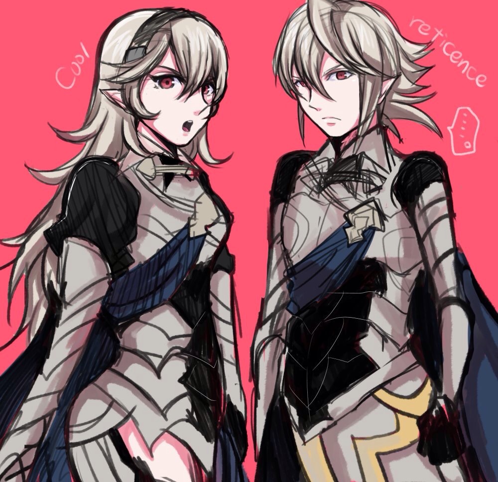 1boy 1girl armor c.c.r_(ccrgaoooo) cape female_my_unit_(fire_emblem_if) fire_emblem fire_emblem_if genderswap hair_ornament long_hair looking_at_viewer male_my_unit_(fire_emblem_if) my_unit_(fire_emblem_if) open_mouth pink_background red_eyes short_hair silver_hair simple_background
