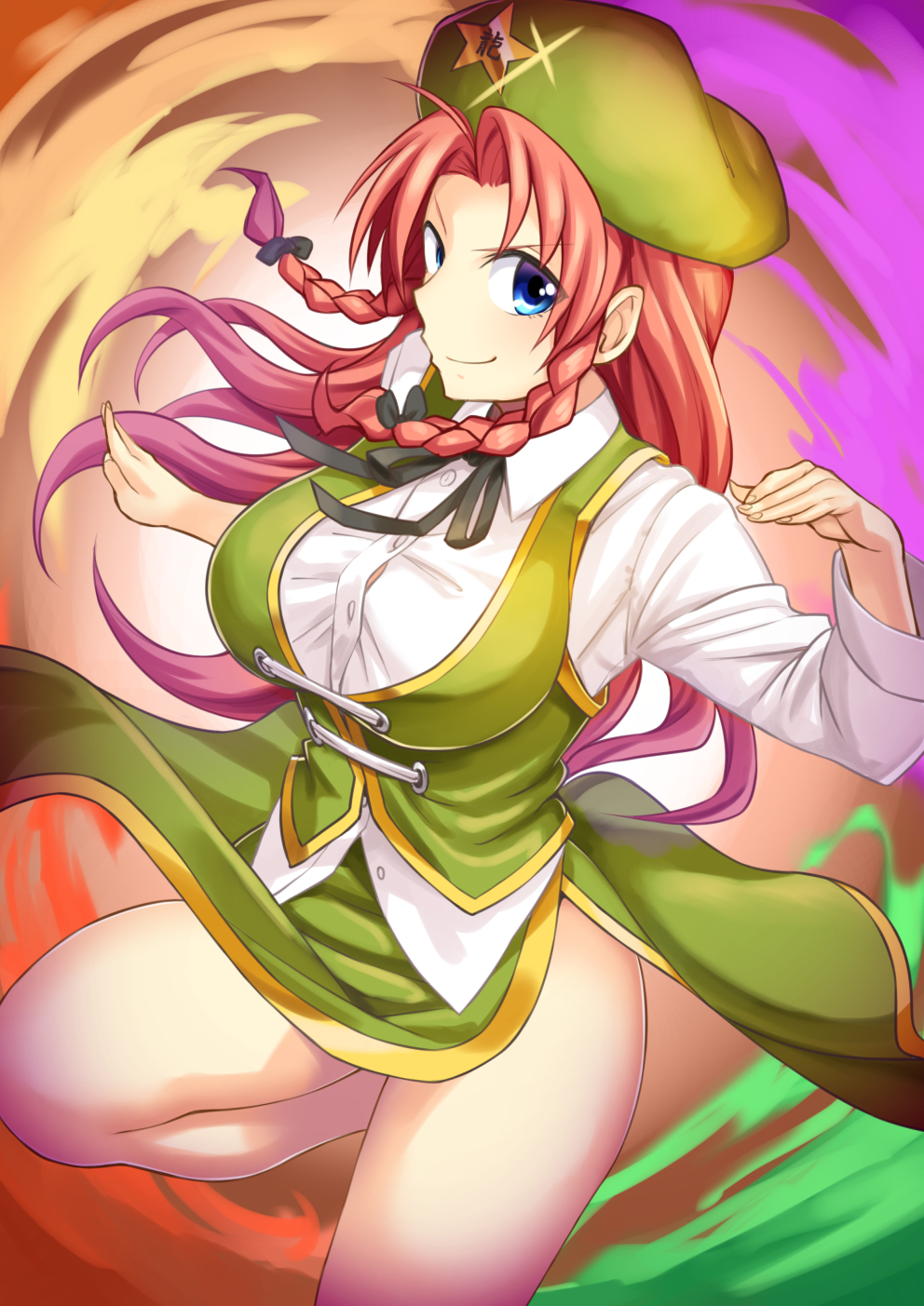 &gt;:) 1girl abe_ranzu aura beret black_bow black_ribbon blue_eyes blush bow braid breasts chinese_clothes closed_mouth collared_shirt cowboy_shot fighting_stance from_side green_skirt green_vest hair_bow hair_intakes hands_up hat highres hong_meiling large_breasts leg_up long_hair long_sleeves looking_at_viewer looking_to_the_side neck_ribbon purple_hair rainbow_order redhead ribbon shiny shiny_hair shirt side_slit skirt skirt_lift skirt_set solo sparkle star tangzhuang taut_clothes taut_shirt thighs touhou twin_braids untucked_shirt vest