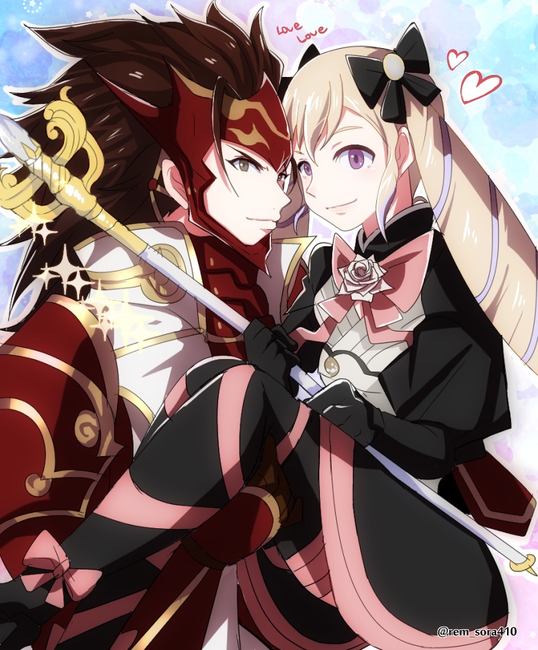 1girl armor black_hair blonde_hair bow c.c.r_(ccrgaoooo) carrying drill_hair elise_(fire_emblem_if) european_clothes fire_emblem fire_emblem_if hair_bow hair_ornament heart holding looking_at_viewer open_mouth princess_carry ryouma_(fire_emblem_if) simple_background skirt smile staff twin_drills twitter_username