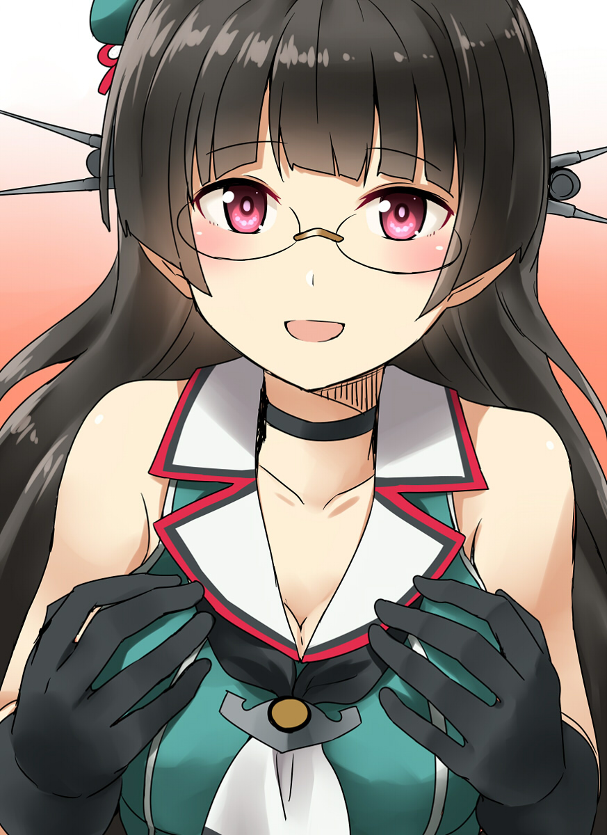 1girl :d bare_shoulders beret black_gloves black_hair breasts choker choukai_(kantai_collection) cleavage collarbone dated glasses gloves hand_on_own_chest hat headgear highres kamelie kantai_collection large_breasts open_mouth remodel_(kantai_collection) revision school_uniform serafuku smile solo