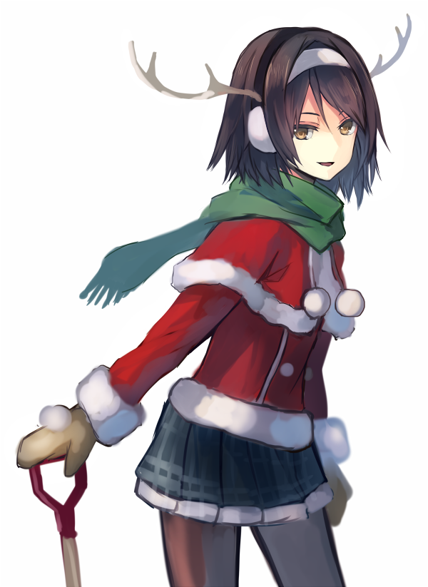 1girl alternate_costume antlers black_hair brown_eyes capelet commentary_request gloves green_scarf hair_ornament hairband kantai_collection long_sleeves looking_at_viewer natsuyuki pantyhose pleated_skirt santa_costume scarf short_hair simple_background skirt smile solo standing tanikaze_(kantai_collection) white_background