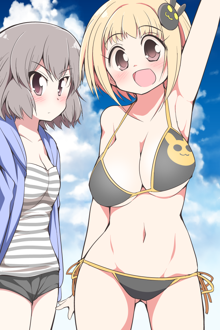 2girls :d arm_up armpits bikini black_bikini blonde_hair blue_sky blush breasts bunny_hair_ornament celebi_ryousangata character_request cleavage clouds eyebrows_visible_through_hair grey_hair hair_ornament large_breasts looking_at_viewer multiple_girls navel open_mouth pink_eyes short_hair side-tie_bikini sky smile striped swimsuit uzanee!!