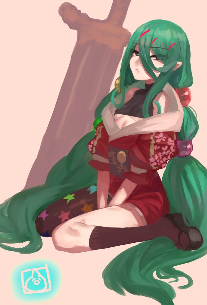 1girl breasts erect_nipples green_eyes green_hair japanese_clothes kimono kneehighs long_hair looking_at_viewer mismatched_legwear original pointy_ears sitting solo star star_print suisogenshi thigh-highs under_boob very_long_hair wariza