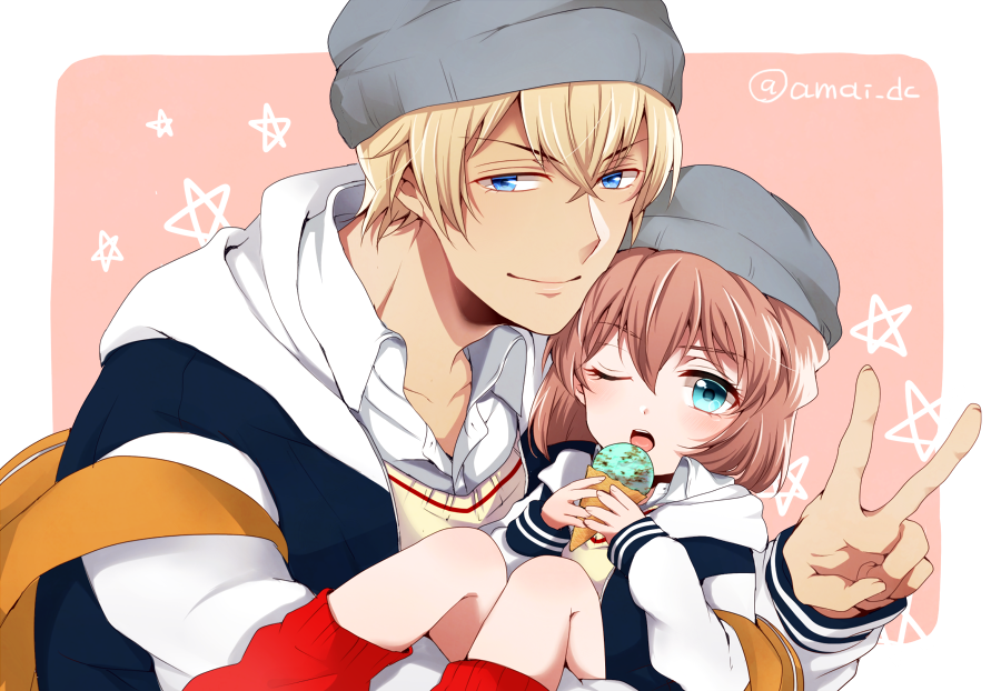 &gt;:o 1boy 1girl :o ;o aiko_(pt_lo2214) amuro_tooru aqua_eyes backpack bag bangs beanie blonde_hair blue_eyes blush brown_hair carrying closed_mouth collarbone collared_shirt dress_shirt eyelashes fingernails food grey_hat haibara_ai hair_between_eyes hat holding holding_food hood hood_down hooded_jacket ice_cream_cone jacket long_sleeves looking_at_viewer loose_socks matching_outfit meitantei_conan one_eye_closed open_clothes open_jacket open_mouth princess_carry red_background red_legwear rounded_corners shirt short_hair single_scoop smile socks star strap_slip striped sweater_vest tongue twitter_username v white_border white_shirt