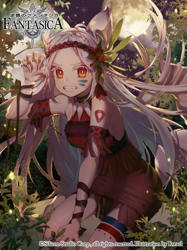 1girl animal_ears armband bare_shoulders barefoot braid claws clenched_teeth facial_mark flower forest hair_flower hair_ornament jewelry long_hair looking_at_viewer miniskirt nature necklace paw_pose red_eyes rwael skirt solo tail teeth tree twin_braids white_hair