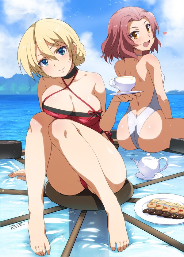 2girls afloat ass bare_back bare_shoulders barefoot biscuit blonde_hair blue_eyes blue_sky braid breasts brown_eyes casual_one-piece_swimsuit cleavage clouds collarbone cup darjeeling day feet food french_braid girls_und_panzer heart inflatable_raft inue_shinsuke large_breasts legs looking_at_viewer looking_back mountain multiple_girls ocean one-piece_swimsuit open_mouth plate red_swimsuit redhead rosehip saucer short_hair shoulder_blades sky smile swimsuit teacup teapot thighs tied_hair toes water white_swimsuit