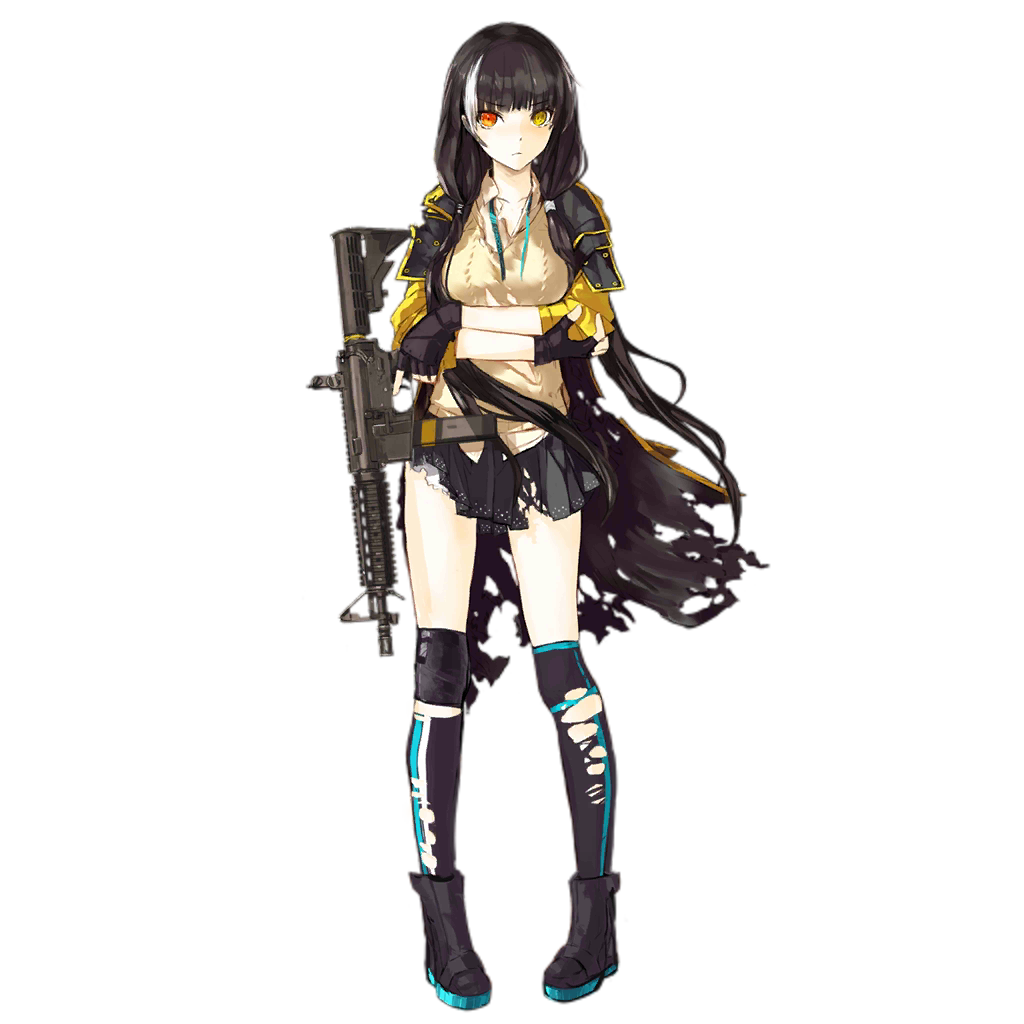 &gt;:( 1girl artist_request assault_rifle black_gloves black_hair black_legwear black_shoes black_skirt blush cartridge closed_mouth collared_shirt crossed_arms earphones eyebrows eyebrows_visible_through_hair fingerless_gloves full_body girls_frontline gloves gun heterochromia holding holding_gun holding_weapon jacket knee_pads long_hair looking_at_viewer multicolored_hair nose official_art orange_eyes personification pleated_skirt rifle ro635 ro635_(girls_frontline) shirt shoes skirt solo standing streaked_hair striped striped_legwear sweater_vest thigh-highs torn_clothes torn_jacket torn_thighhighs transparent_background weapon white_hair yellow_eyes yellow_jacket