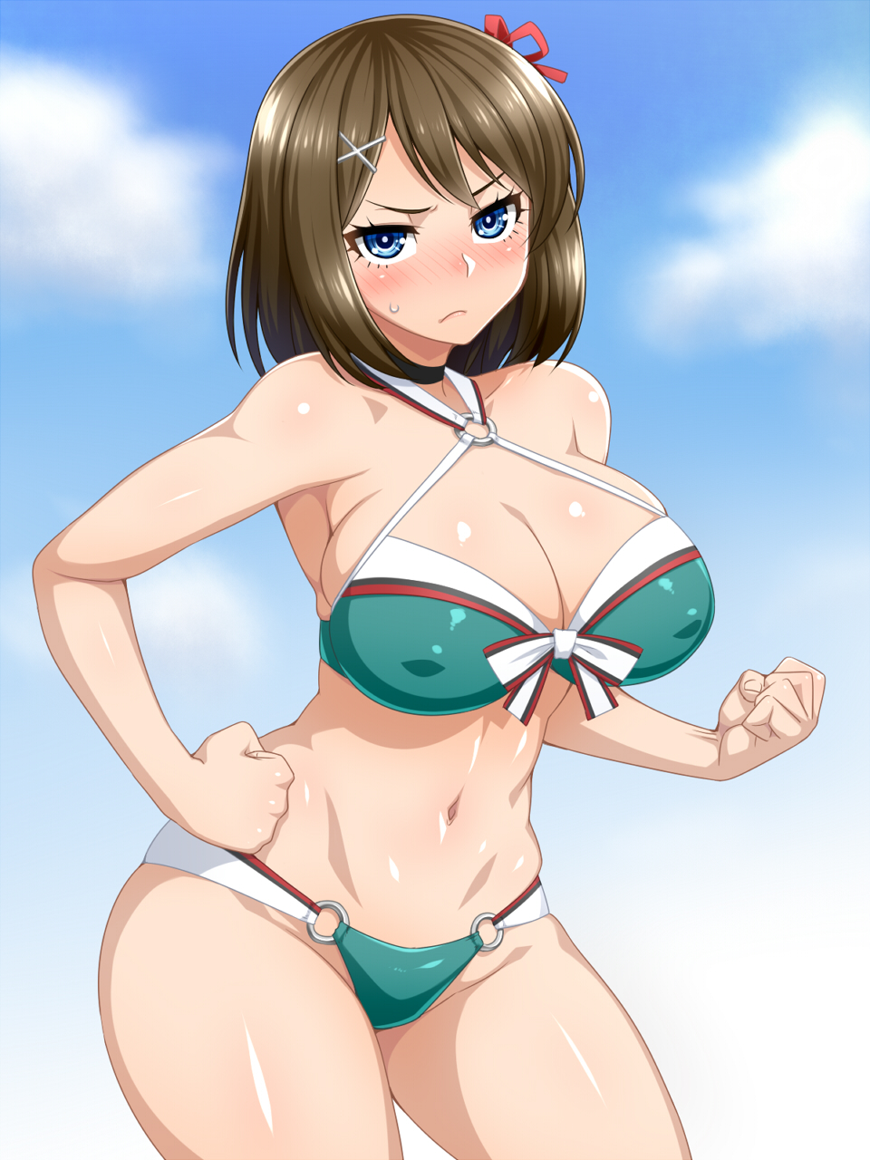 1girl angry bikini blue_bikini blue_eyes blush breasts brown_hair cleavage clenched_hands clouds curvy erect_nipples hand_on_hip highres kantai_collection large_breasts looking_at_viewer maya_(kantai_collection) navel r44 short_hair solo standing sweatdrop swimsuit wide_hips