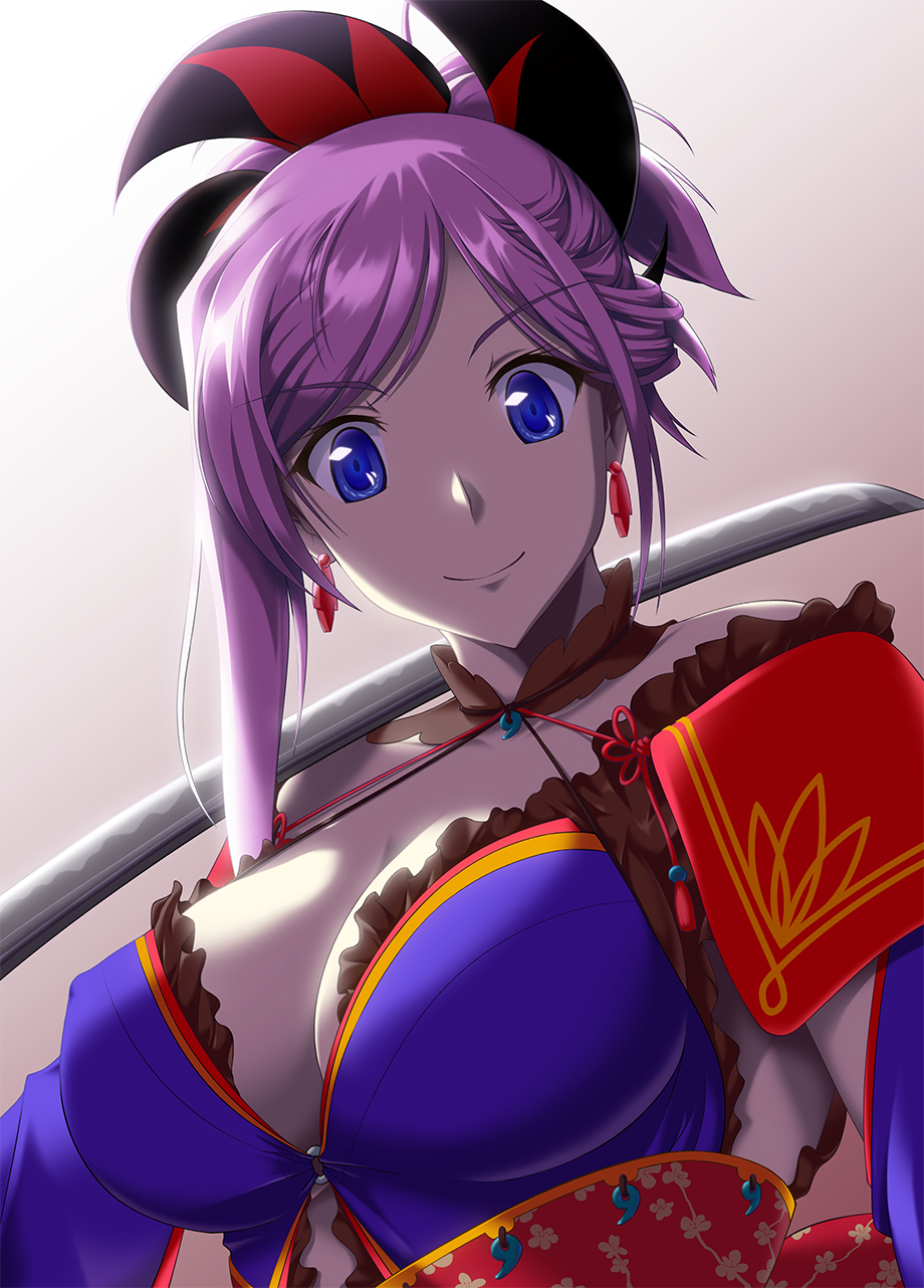 1girl blue_eyes breasts detached_sleeves earrings fate/grand_order fate_(series) hair_ornament highres japanese_clothes jewelry katana large_breasts lavender_hair looking_at_viewer miyamoto_musashi_(fate/grand_order) mottio obi ponytail sash smile solo sword thigh-highs weapon