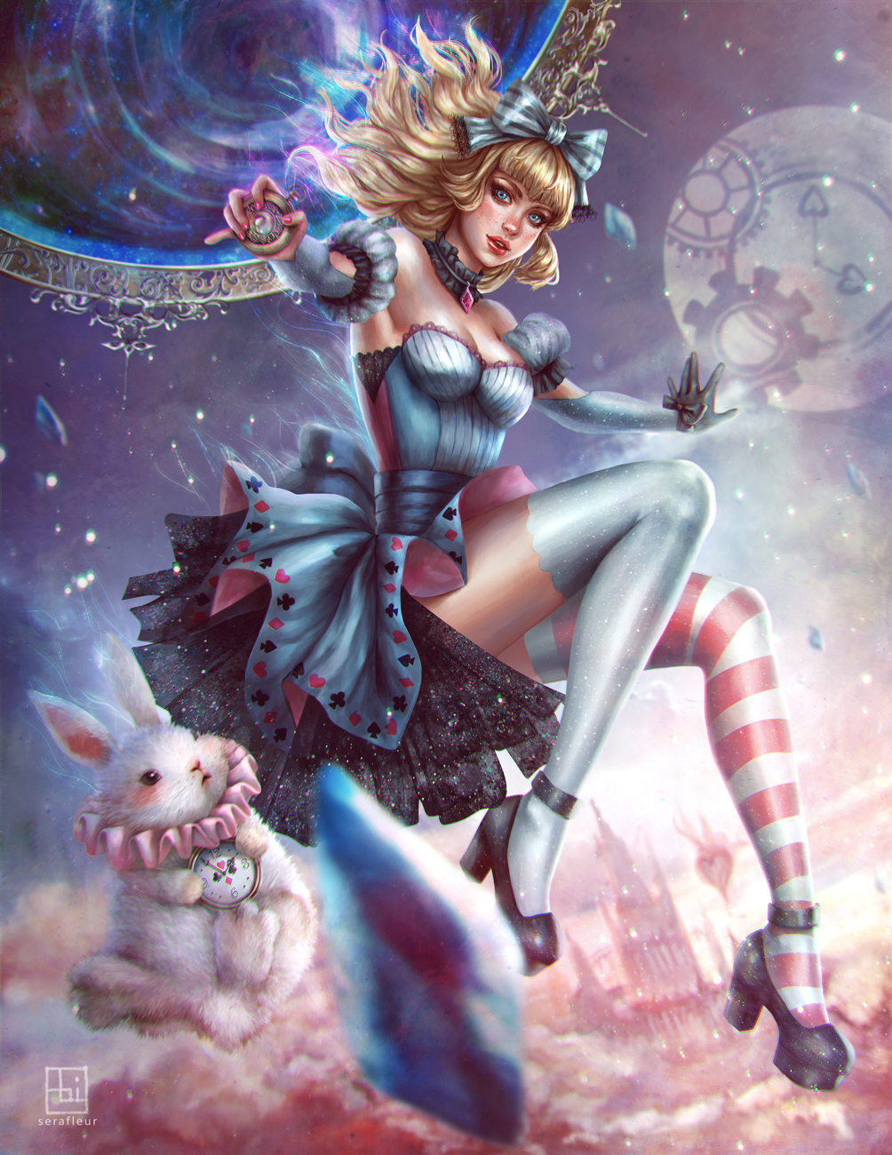 1girl abigail_diaz alice_(wonderland) alice_in_wonderland analog_clock artist_name black_shoes blue_bow blue_eyes bow breasts clock clubs_(playing_card) diamonds_(playing_card) dress freckles full_body gem hearts_(playing_card) high_heels highres horizontal_stripes lips long_hair looking_at_viewer medium_breasts mismatched_legwear nail_polish nose pink_nails red_lips sash shoes solo spades_(playing_card) strapless strapless_dress striped striped_bow striped_legwear thigh-highs white_legwear white_rabbit