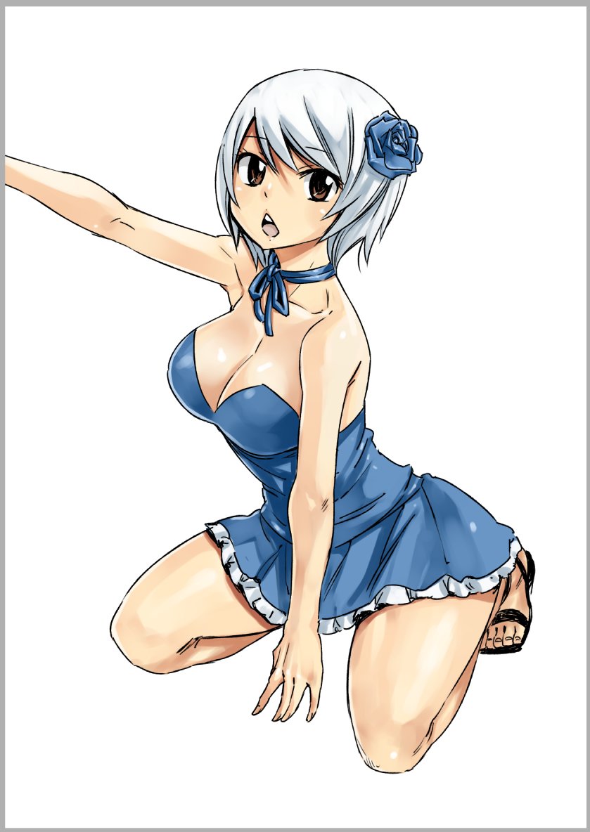 1girl arm arm_support arm_up bare_arms bare_shoulders blue_choker blue_dress blue_ribbon blue_rose breasts brown_eyes choker cleavage collarbone dress fairy_tail female flower formal full_body hair_flower hair_ornament kneeling large_breasts looking_at_viewer mashima_hiro neck open_mouth outstretched_arm ribbon ribbon_choker rose round_teeth sandals short_dress short_hair silver_hair solo strapless strapless_dress teeth triangle_mouth white_background yukino_aguria