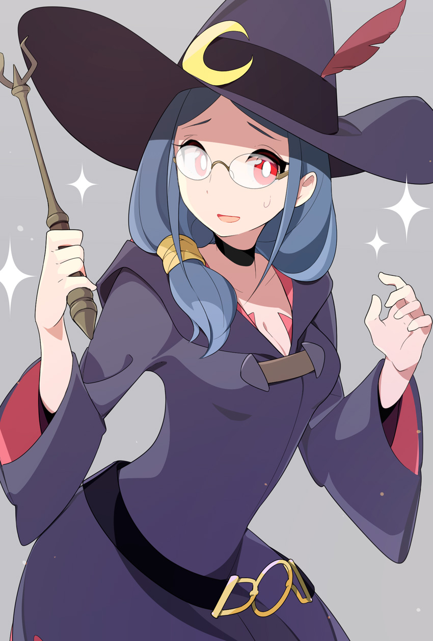 1girl belt blue_hair breasts choker cleavage crescent glasses hair_over_shoulder hat hat_feather highres koshou_shichimi little_witch_academia open_mouth red_eyes smile solo sparkle sweatdrop ursula_(little_witch_academia) wand wide_sleeves witch_hat