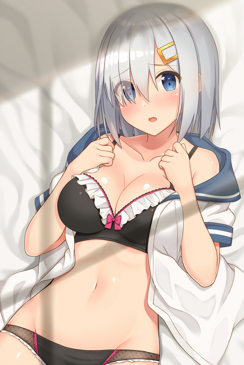 1girl black_bra black_panties blue_eyes bra breasts cleavage eyes_visible_through_hair hair_ornament hair_over_one_eye hairclip hamakaze_(kantai_collection) highres kantai_collection large_breasts lying navel on_back open_clothes open_mouth panties short_hair shuuichi silver_hair solo underwear