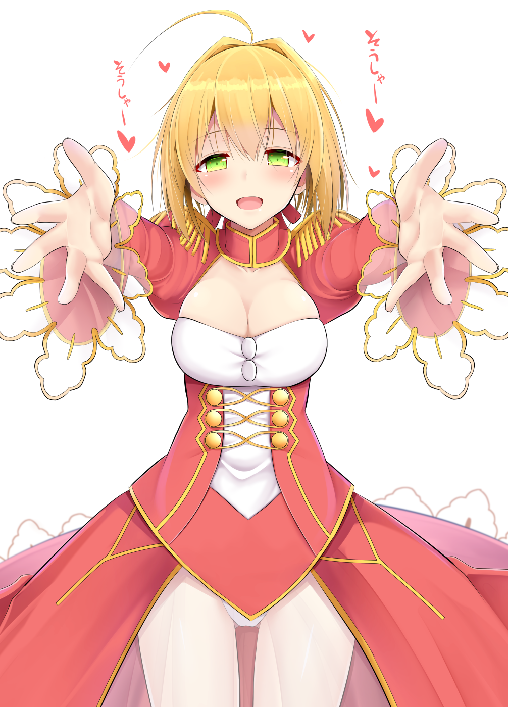 1girl ahoge blonde_hair blush breasts cleavage commentary_request dress epaulettes fate/extra fate_(series) gluteal_fold green_eyes heart highres leotard leotard_under_clothes looking_at_viewer outstretched_arms red_dress saber_extra see-through simple_background solo takeyuu translation_request white_background